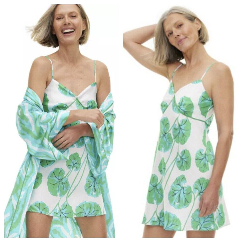 NWT Diane von Furstenberg Geranium Leaf Short Satin Slip Dress L